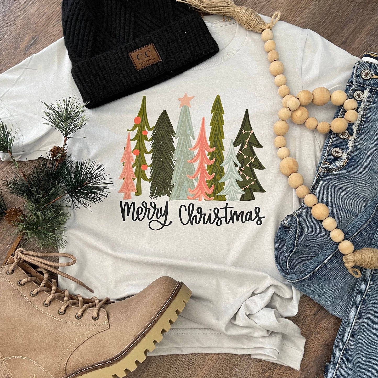 Merry Christmas Pink and Green Trees Tee