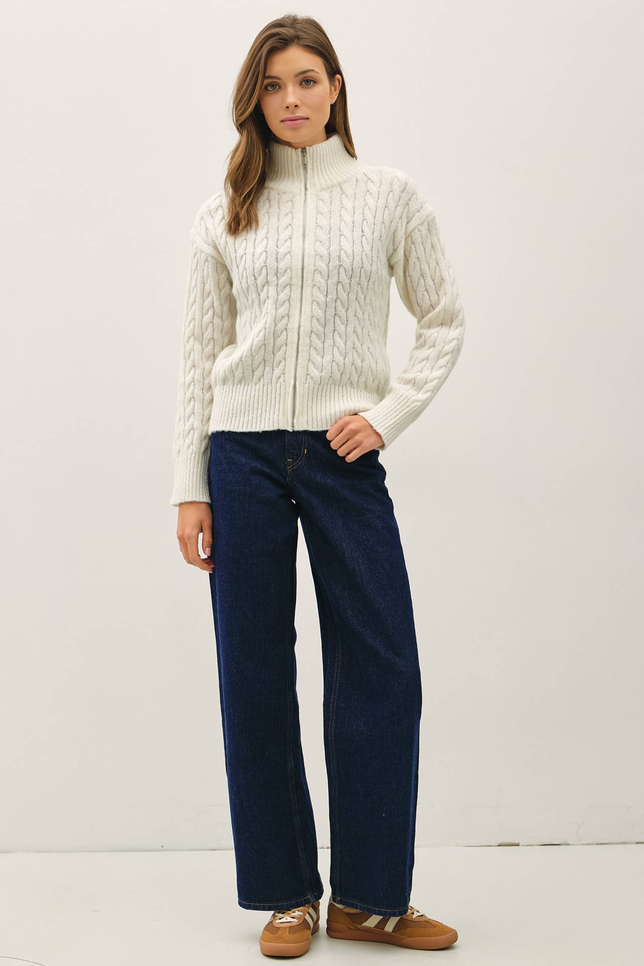 CABLE KNIT ZIP UP SWEATER JACKET W/ HIGH COLLAR