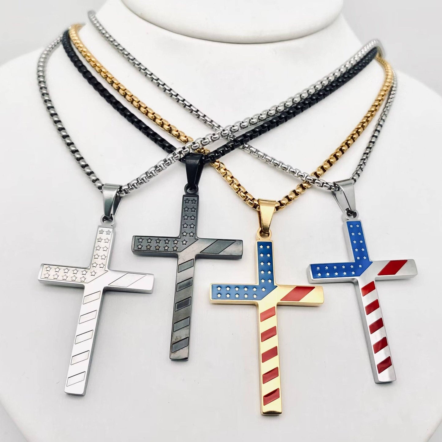 Stars and Stripe Flag Stainless Steel Cross Necklace