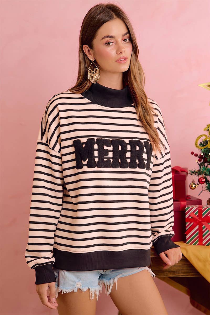 Christmas Stripe and MERRY Patchwork Mock Neck Shirt