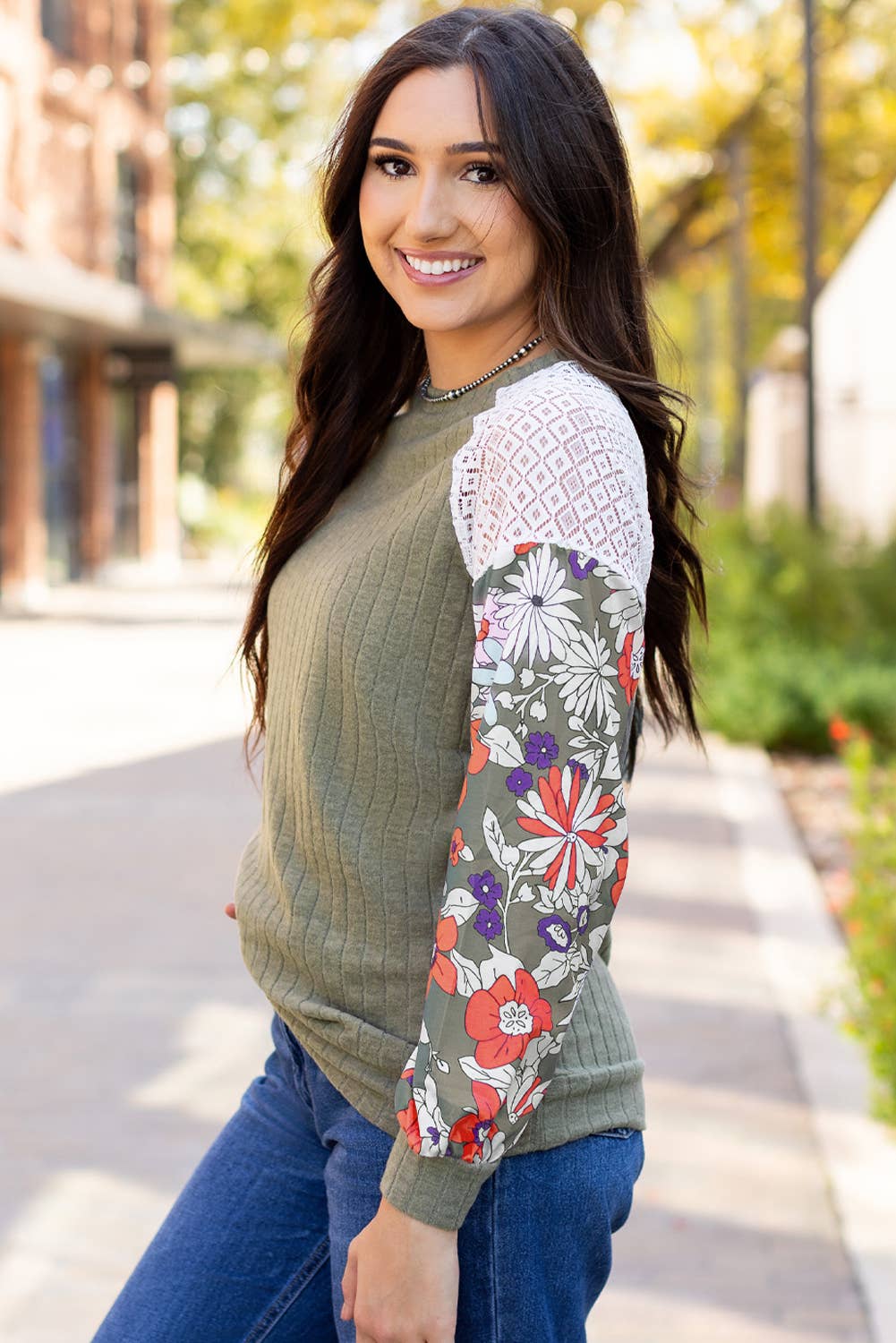 Floral Patchwork Ribbed Blouse with Long Sleeves in Laurel