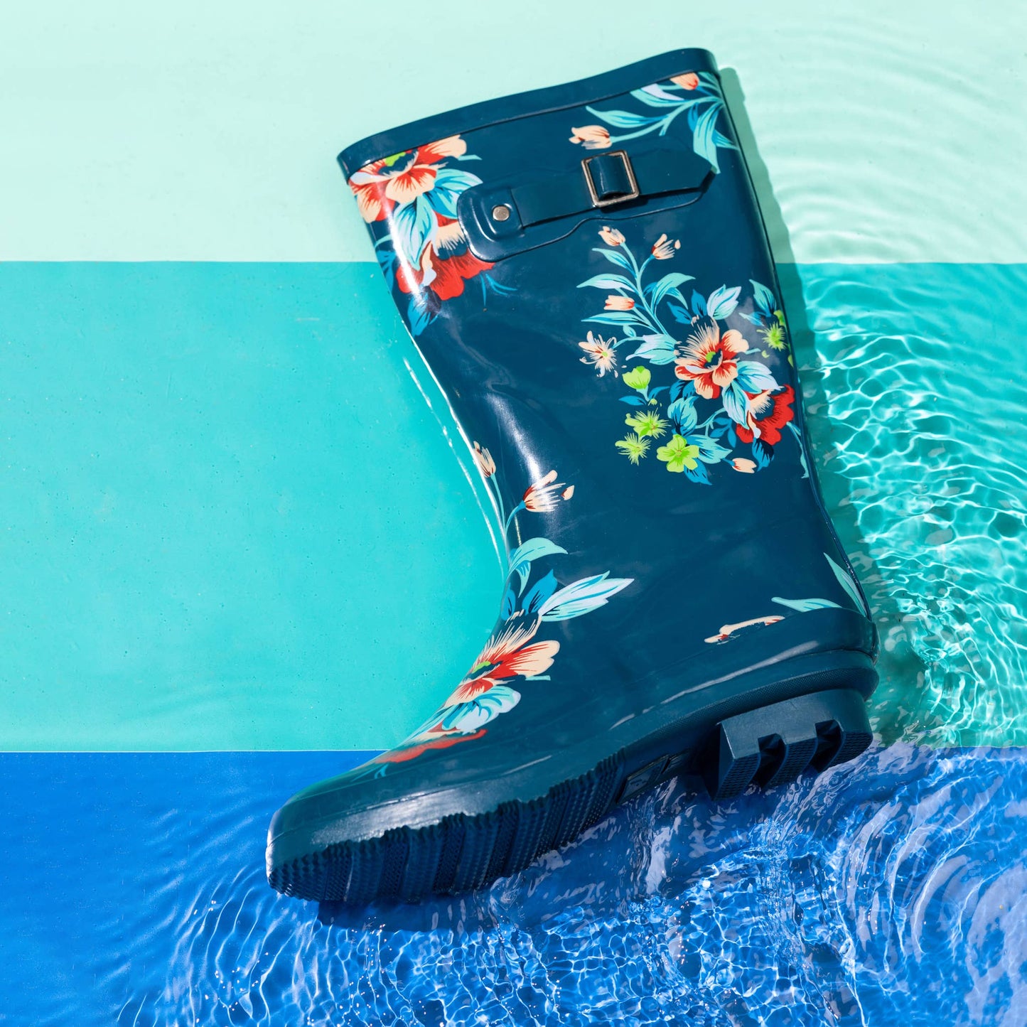 Norty Womens Mid Calf 11" Rain Boot Blue Floral: 9
