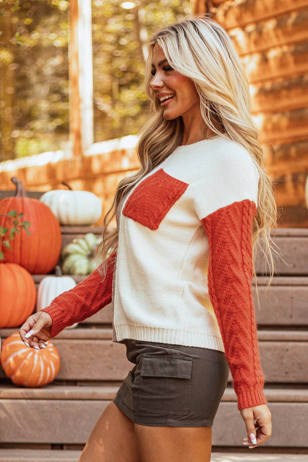 Colorblock Cable Knit Sweater with Pocket & Drop Shoulder