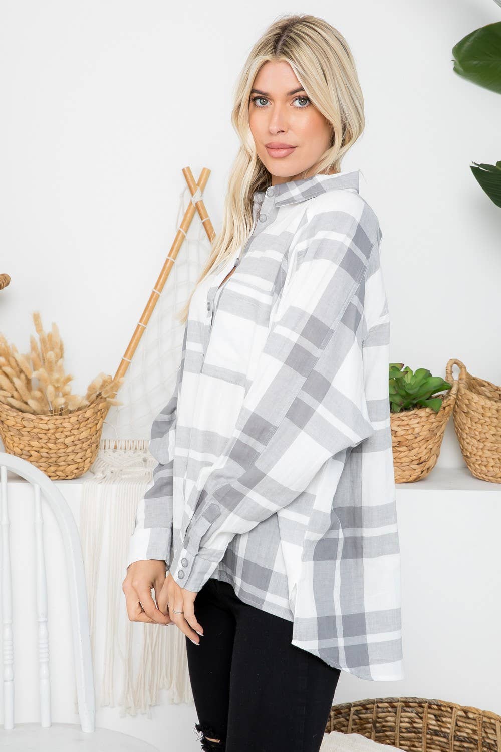 Raglan Sleeves Oversized Plaid Shirt