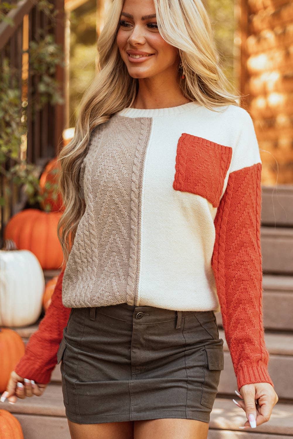 Colorblock Cable Knit Sweater with Pocket & Drop Shoulder