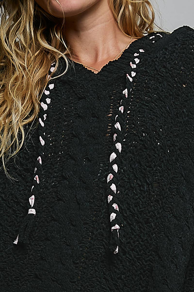 Oversize Fit V-neck Hooded Cable Knit Chenille Sweater