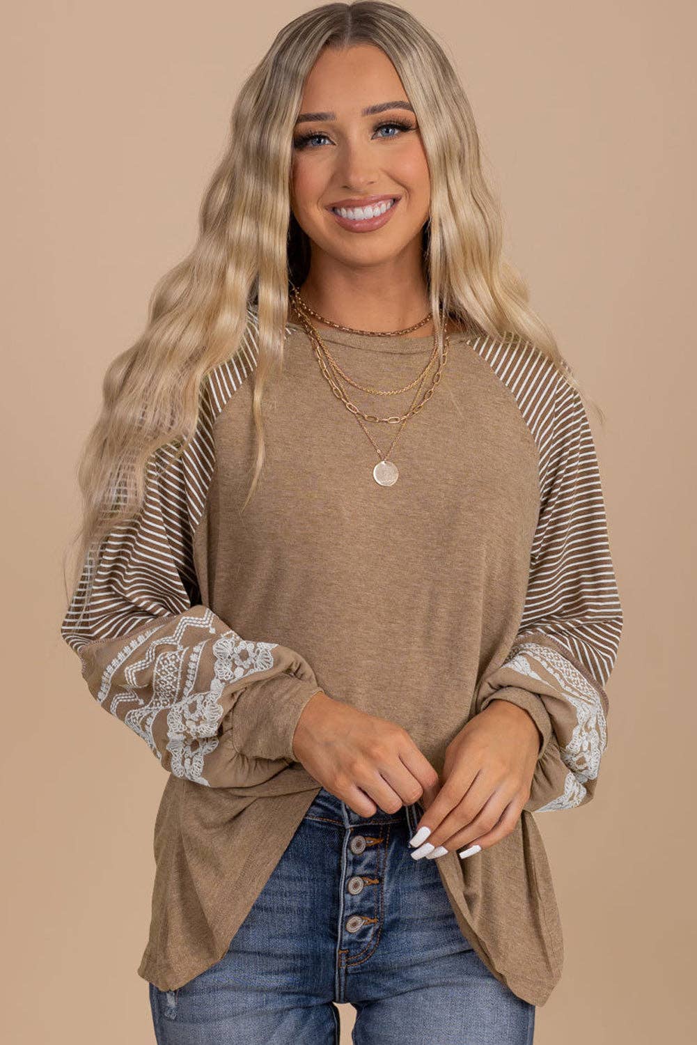 Beige Floral Lace Stripe Sleeve Patchwork Top