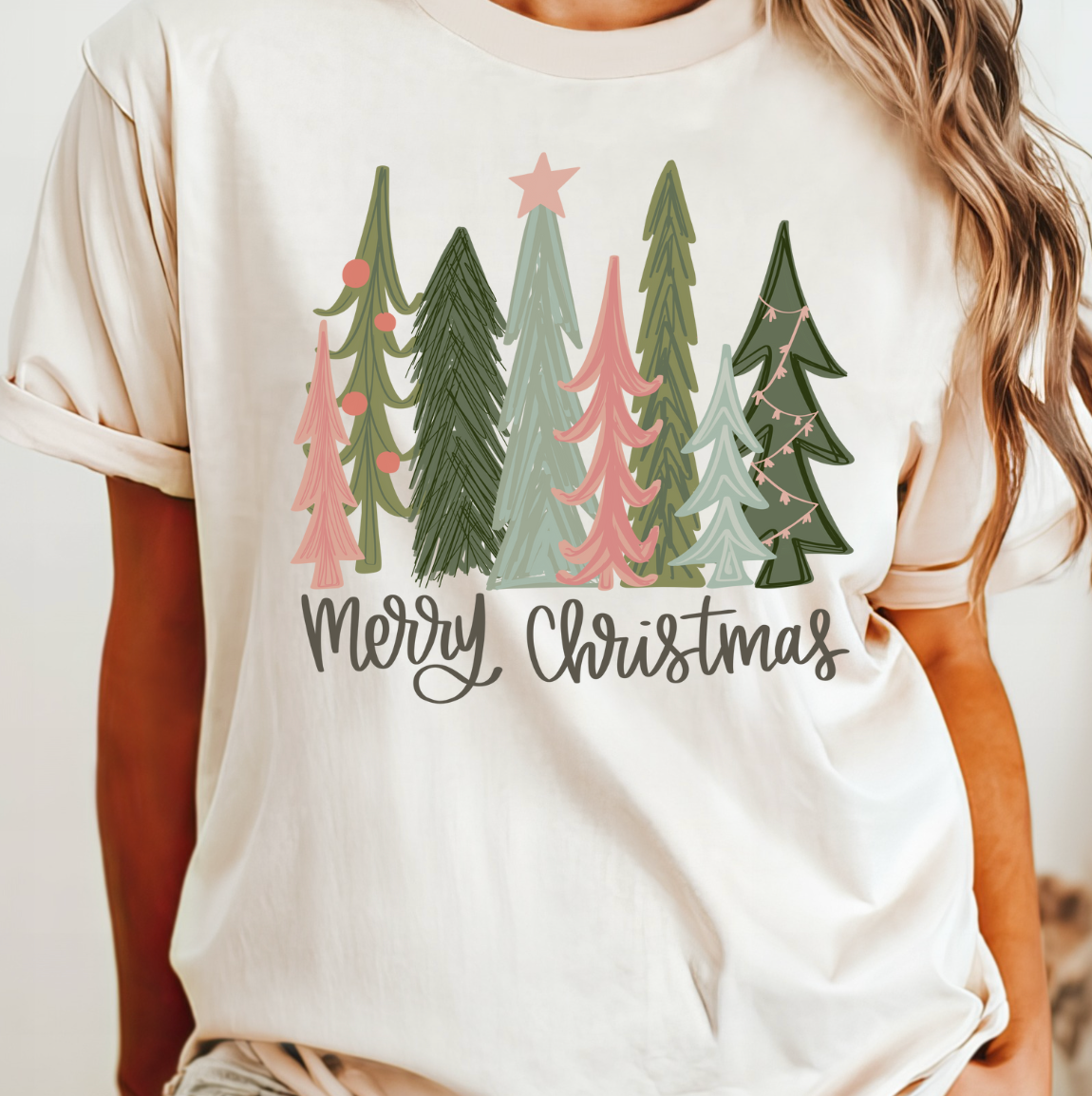 Merry Christmas Pink and Green Trees Tee