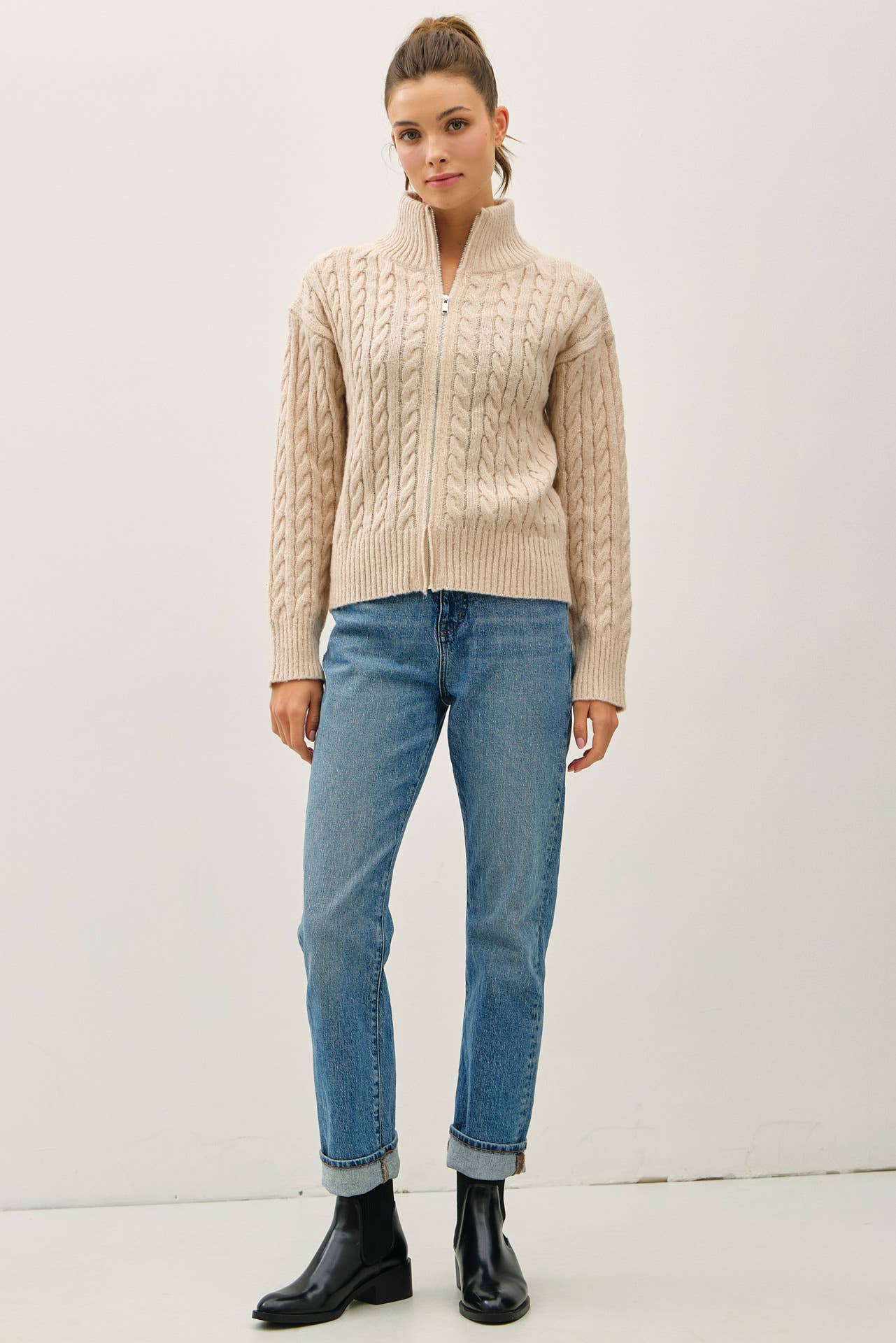 CABLE KNIT ZIP UP SWEATER JACKET W/ HIGH COLLAR