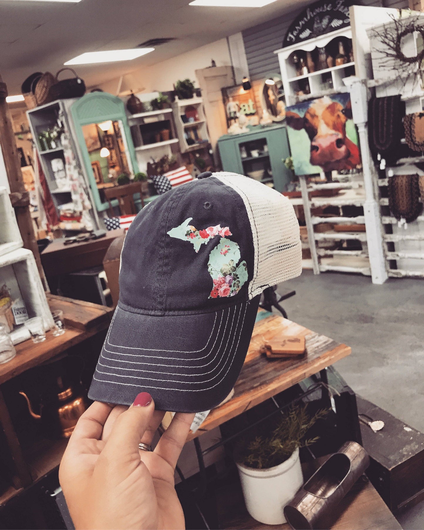 Vintage Floral Michigan Trucker Gray Hat