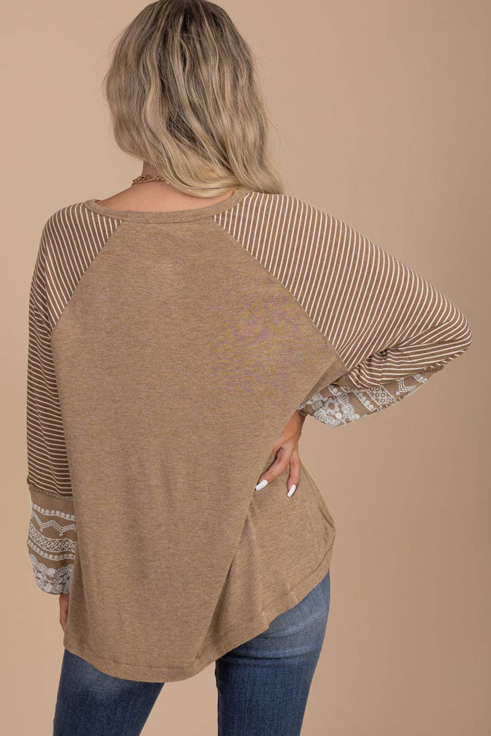 Beige Floral Lace Stripe Sleeve Patchwork Top