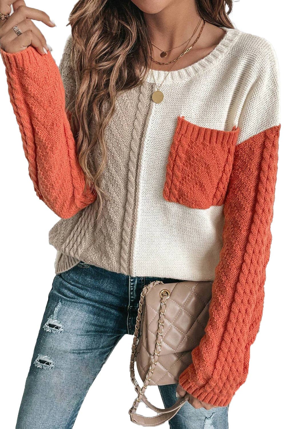 Colorblock Cable Knit Sweater with Pocket & Drop Shoulder