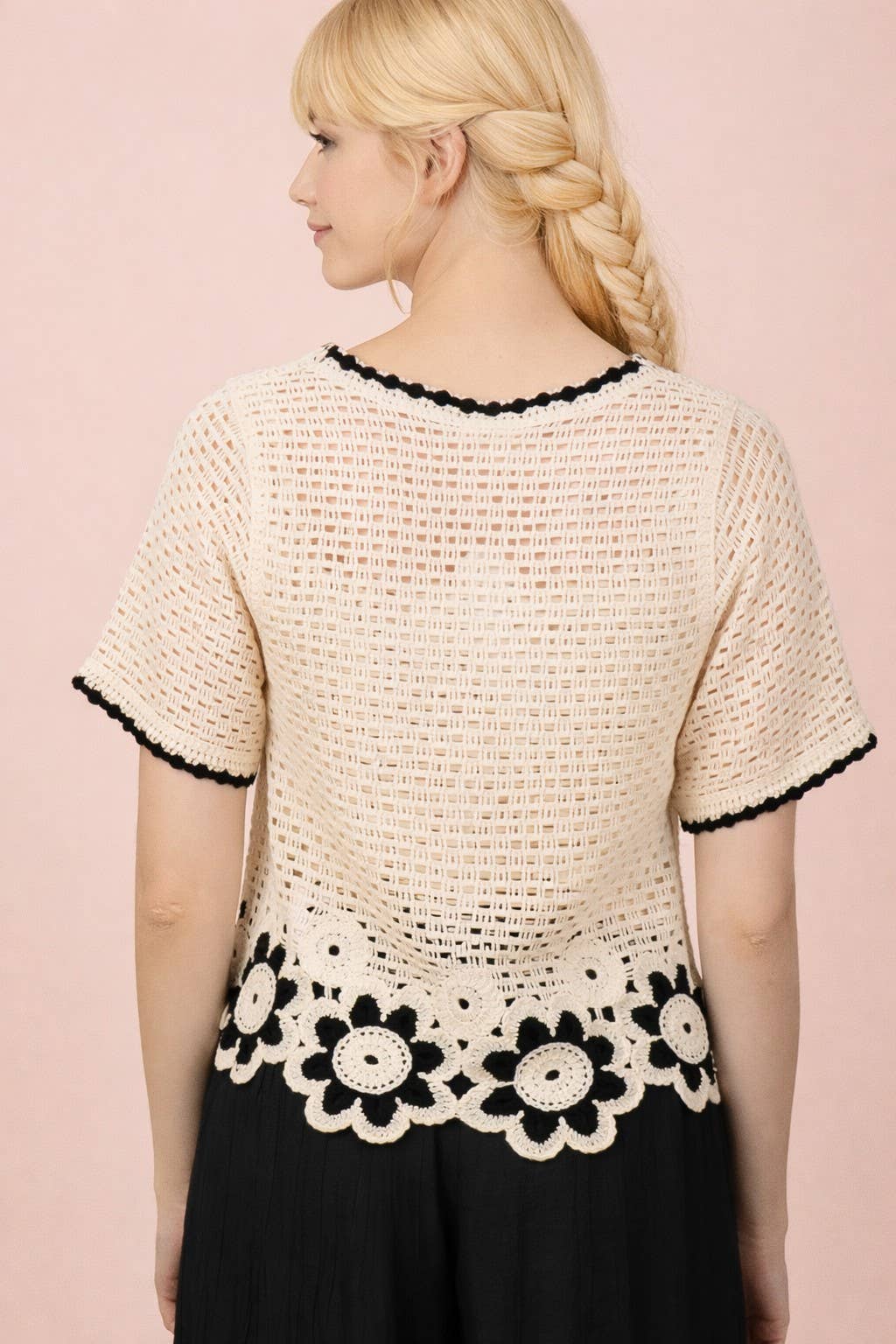 Floral Hem Crochet Button Down Short Sleeved Top