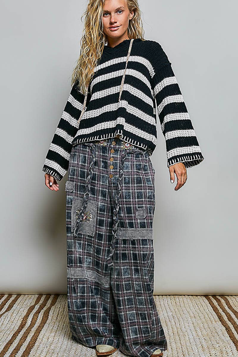 Hoodie V-neck Striped Long Sleeve Stitch Chenille Sweater: CREAM/NAVY