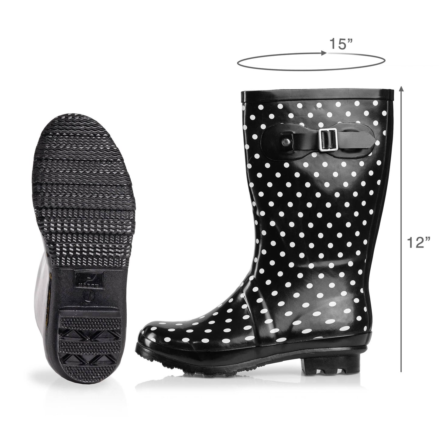 Norty Womens Mid Calf 11" Rain Boot Wht Dot Blk Rim: 9
