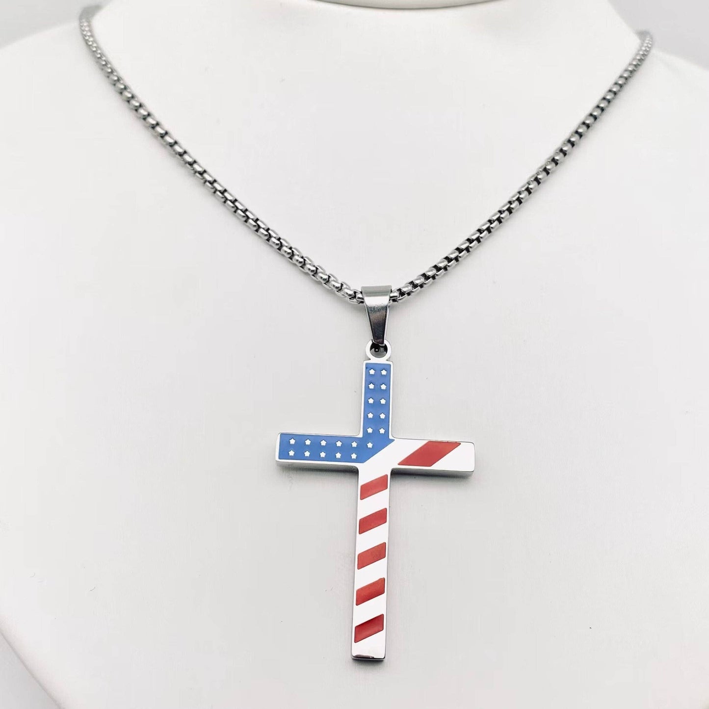 Stars and Stripe Flag Stainless Steel Cross Necklace