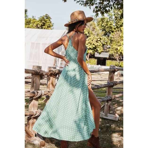 Polka Dot Spaghetti Strap Dress: GREEN / XL
