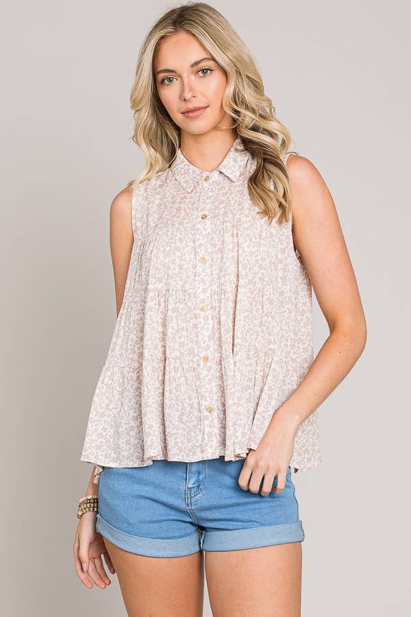 Ditsy Floral Button Up Sleeveless Ruffle Tiered Woven Shirt