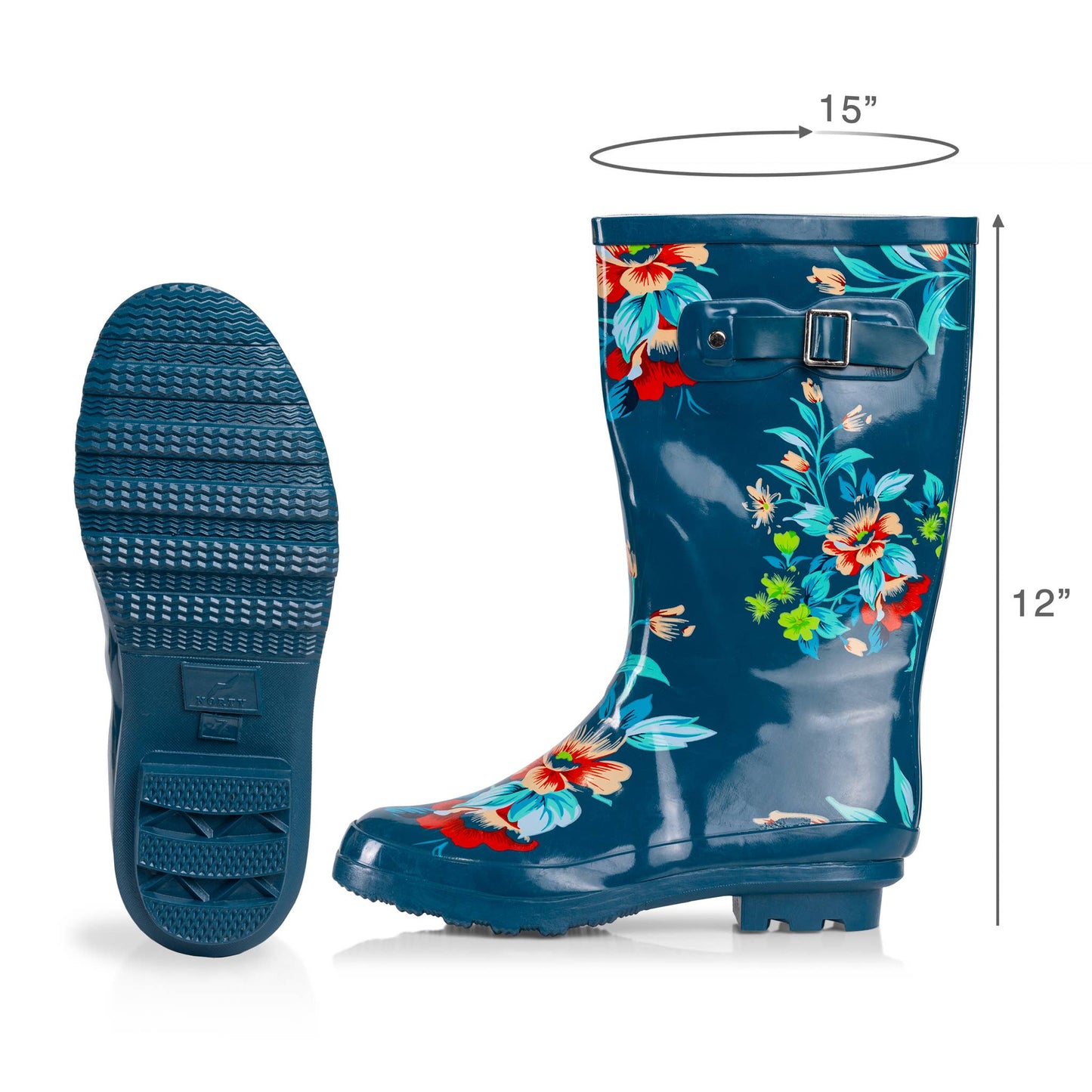 Norty Womens Mid Calf 11" Rain Boot Blue Floral: 9