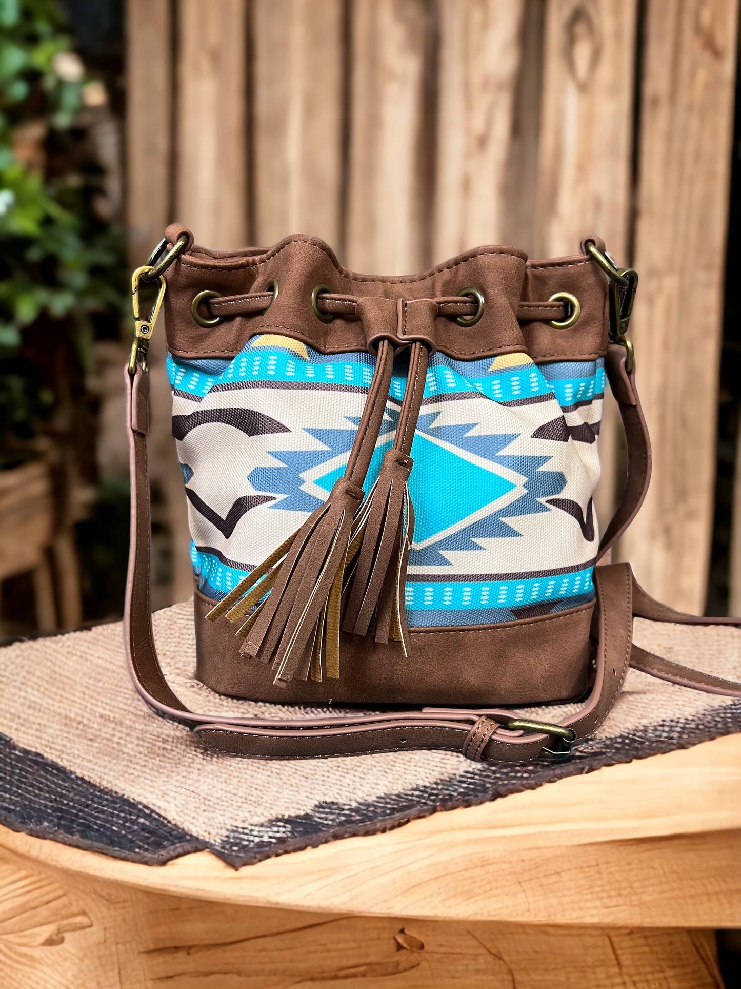 SOFT FAUX LEATHER CROSSBODY BAG WITH AZTEC PRINT