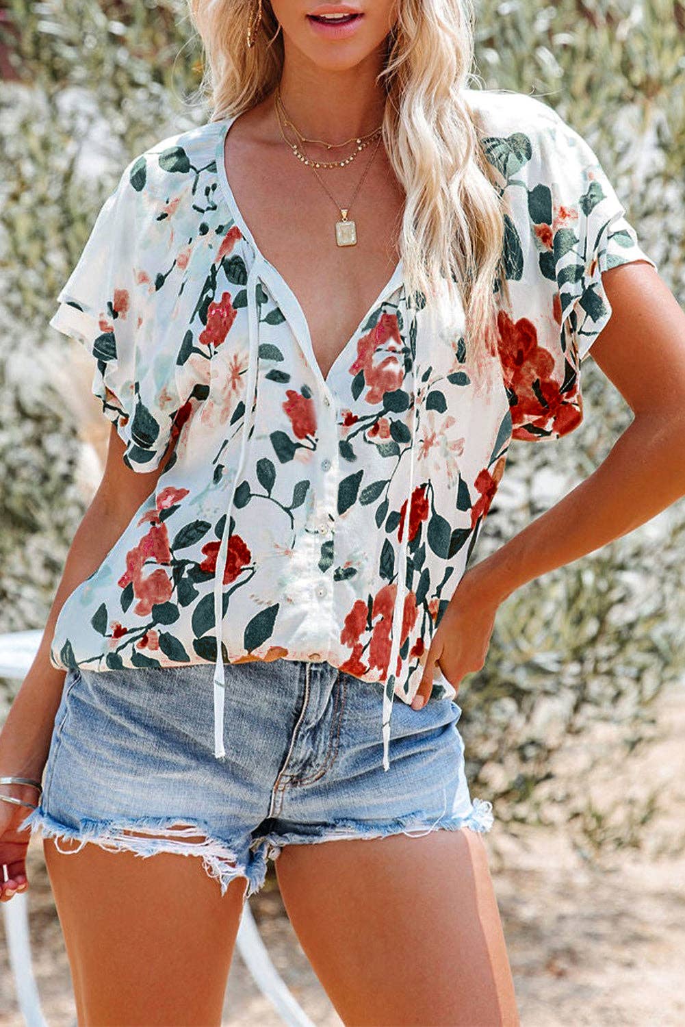 Floral Print Buttons Tiered Ruffled Shot Sleeve Shirt