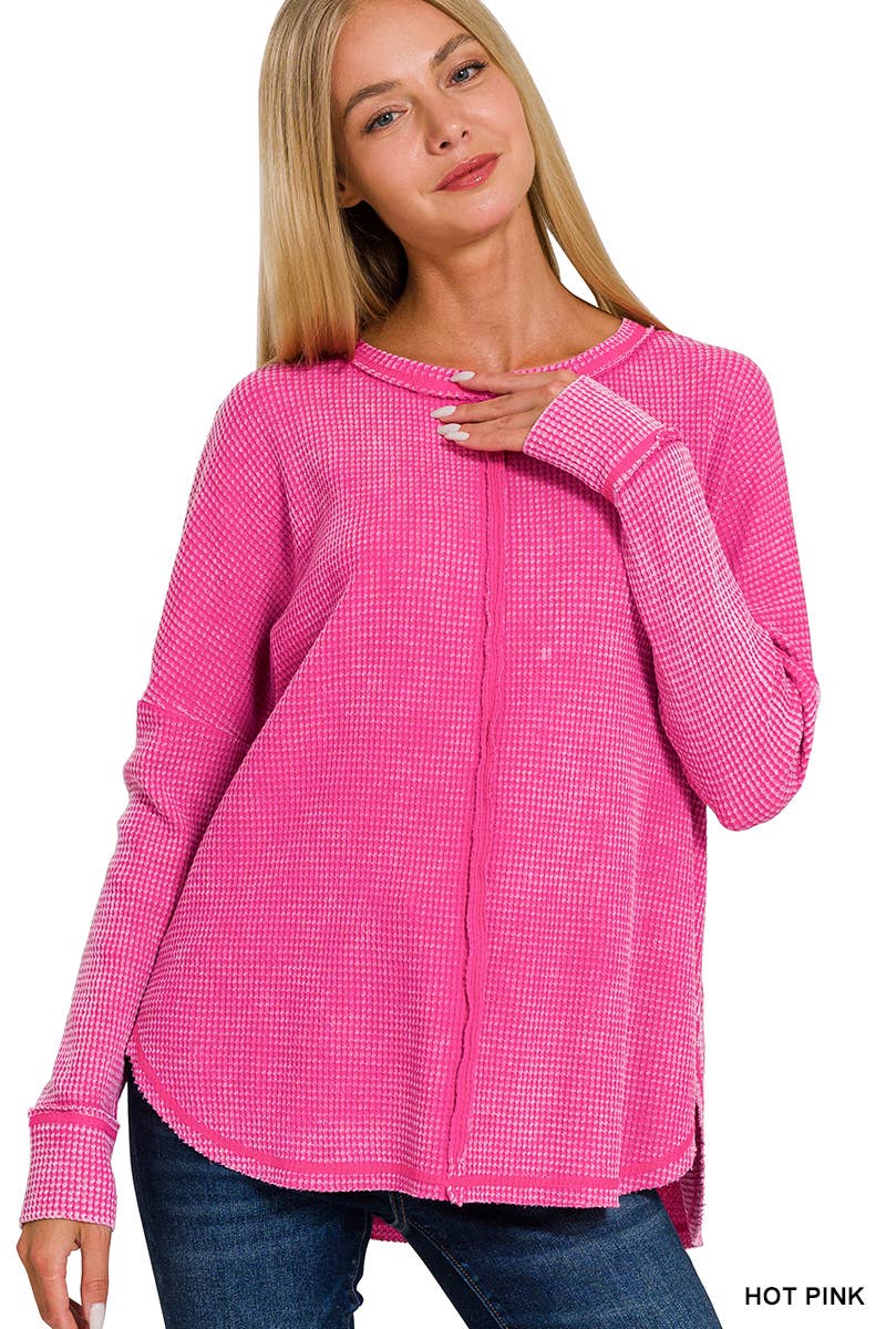 Washed Baby Waffle Oversized Long Sleeve Top