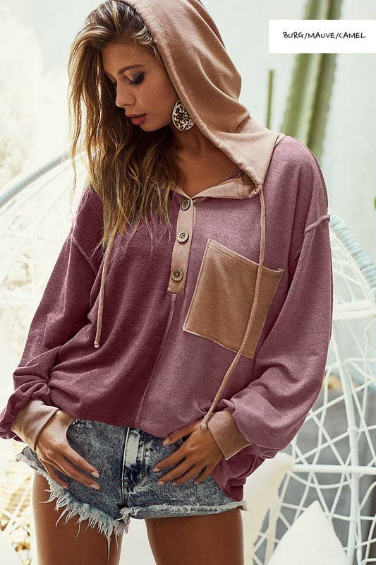 French Terry Color Block Buttoned Henley Hoodie