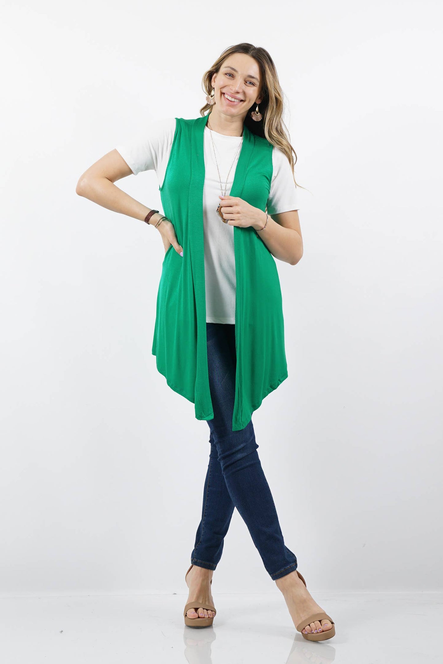 PLUS SIZE DRAPEY OPEN-FRONT SLEEVELESS CARDIGAN