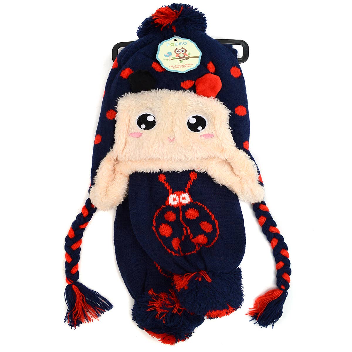 Kid's Winter Knitted Ear Flap Lined Polka Dot Beanie Scarf
