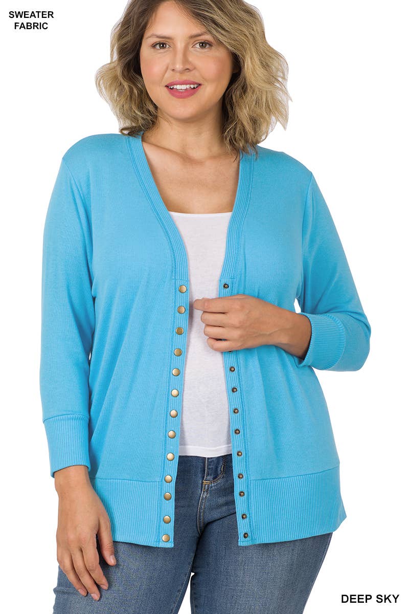 Plus Size 3/4 Sleeve Snap Buttons Sweater Cardigan