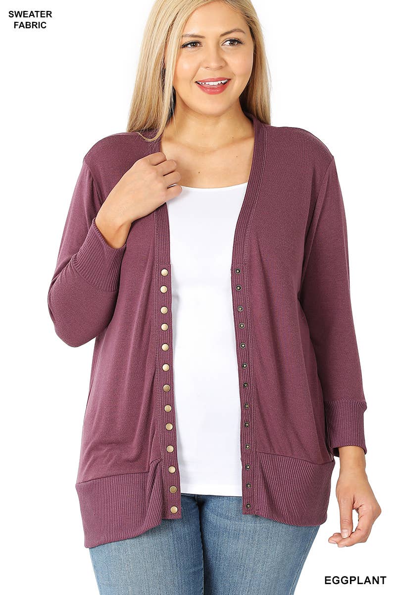 Plus Size 3/4 Sleeve Snap Buttons Sweater Cardigan