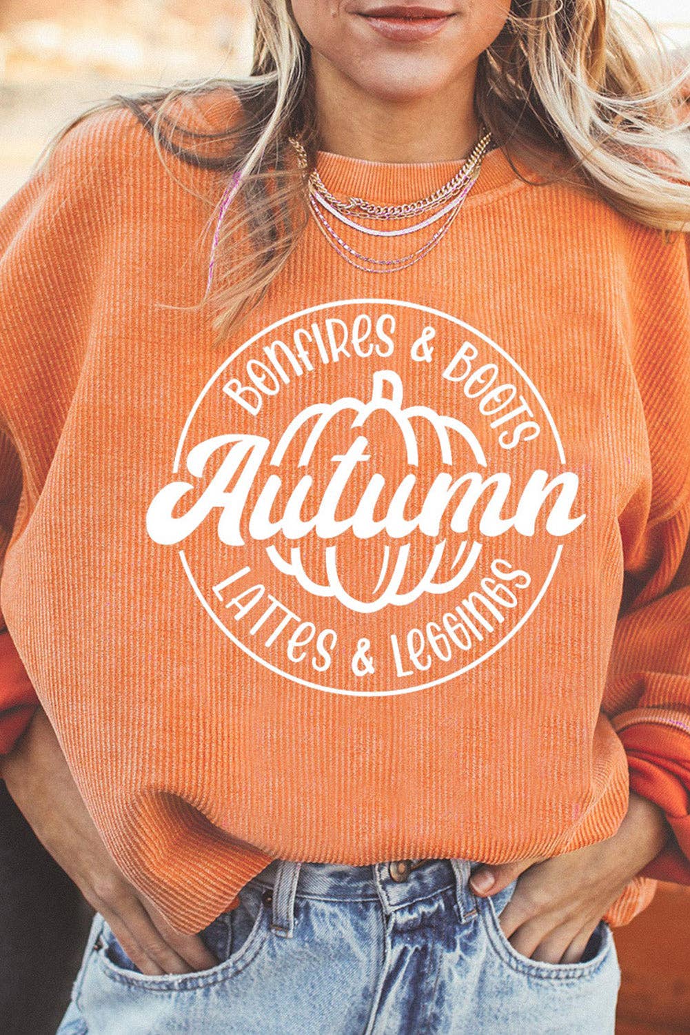 Autumn Pumpkin Graphic Print Corded Oversized