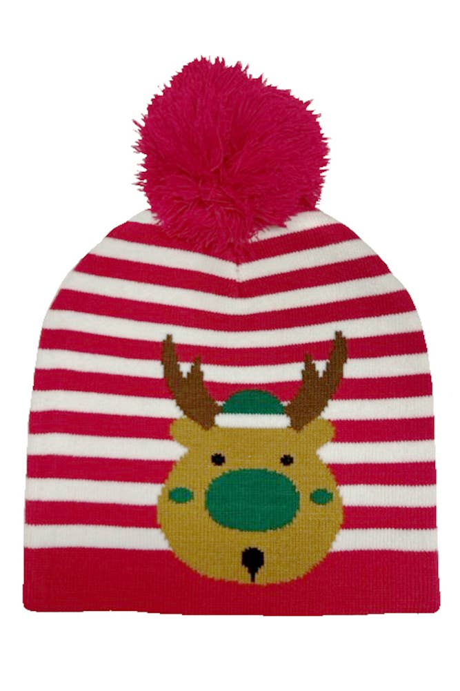 Hana - Holiday Stripe Reindeer Pom Beanie