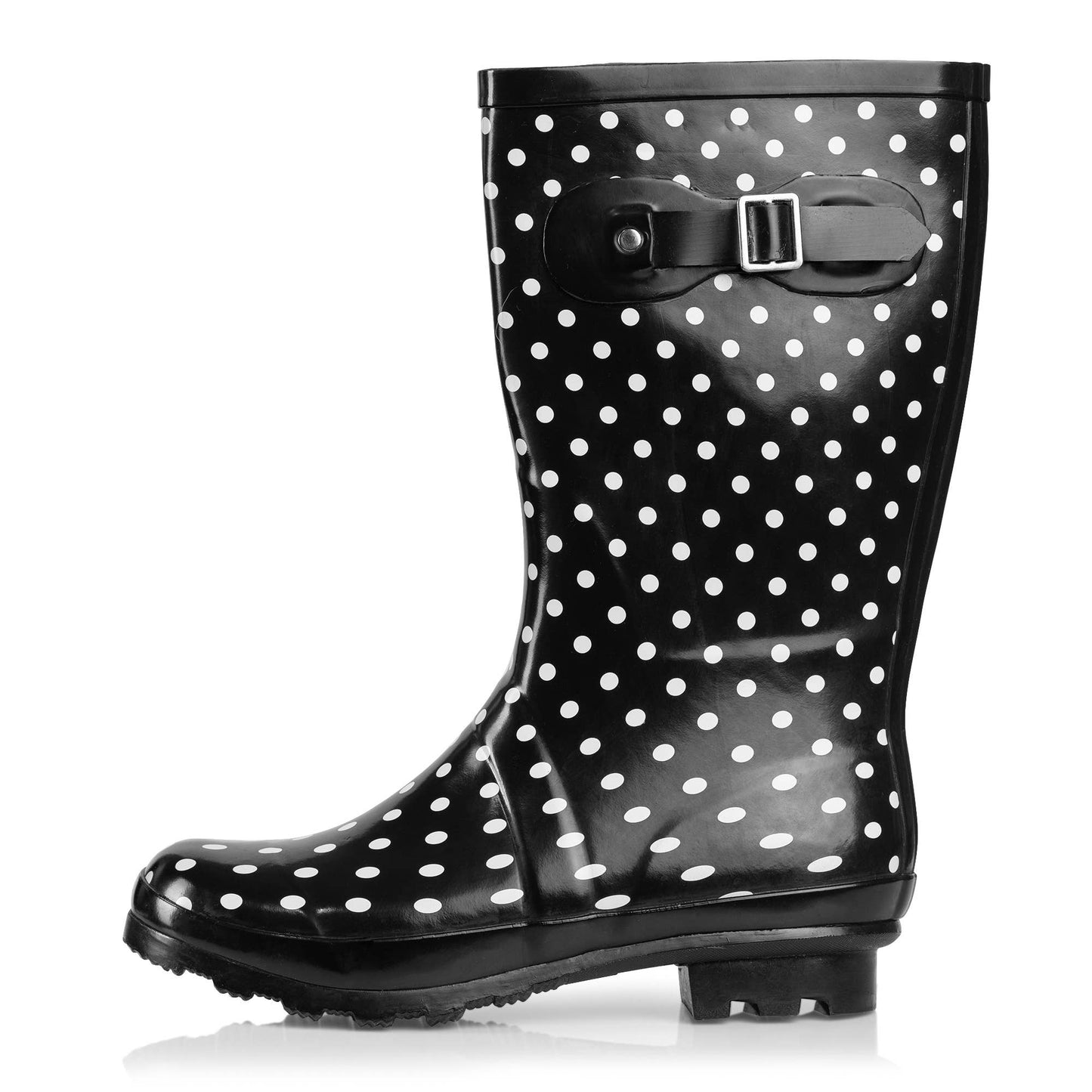 Norty Womens Mid Calf 11" Rain Boot Wht Dot Blk Rim: 9