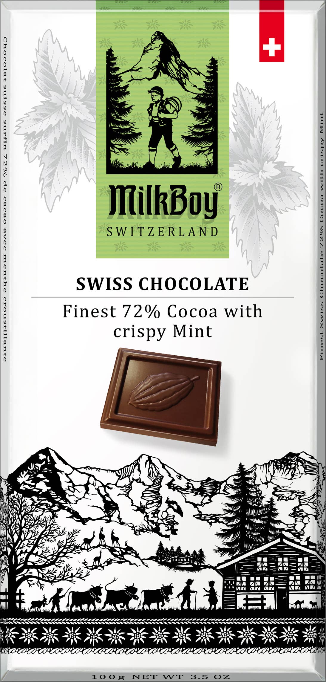 Milkboy Swiss Chocolates - 72% Cocoa with crispy Mint 3.5oz