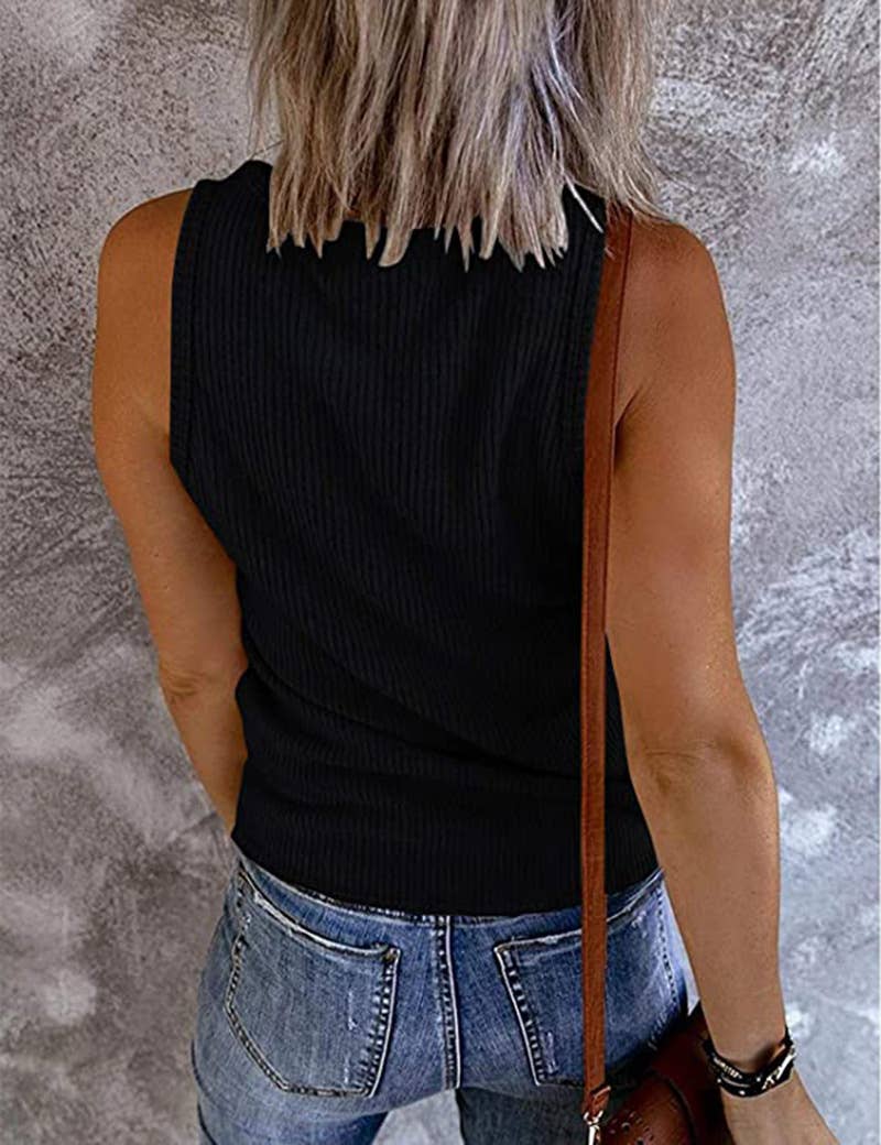 SOLID COLOR V-NECK BREASTED SLIM-FIT KNIT TANK