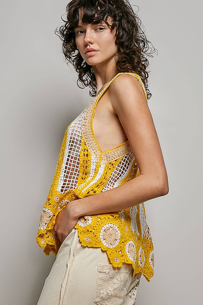 V-Neck Sleeveless Scalloped Edge Stripe Border Crochet Top