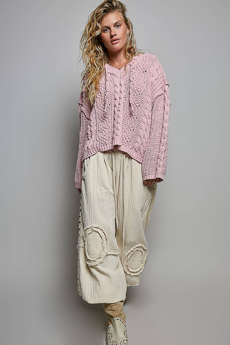 Oversize Fit V-neck Hooded Cable Knit Chenille Sweater
