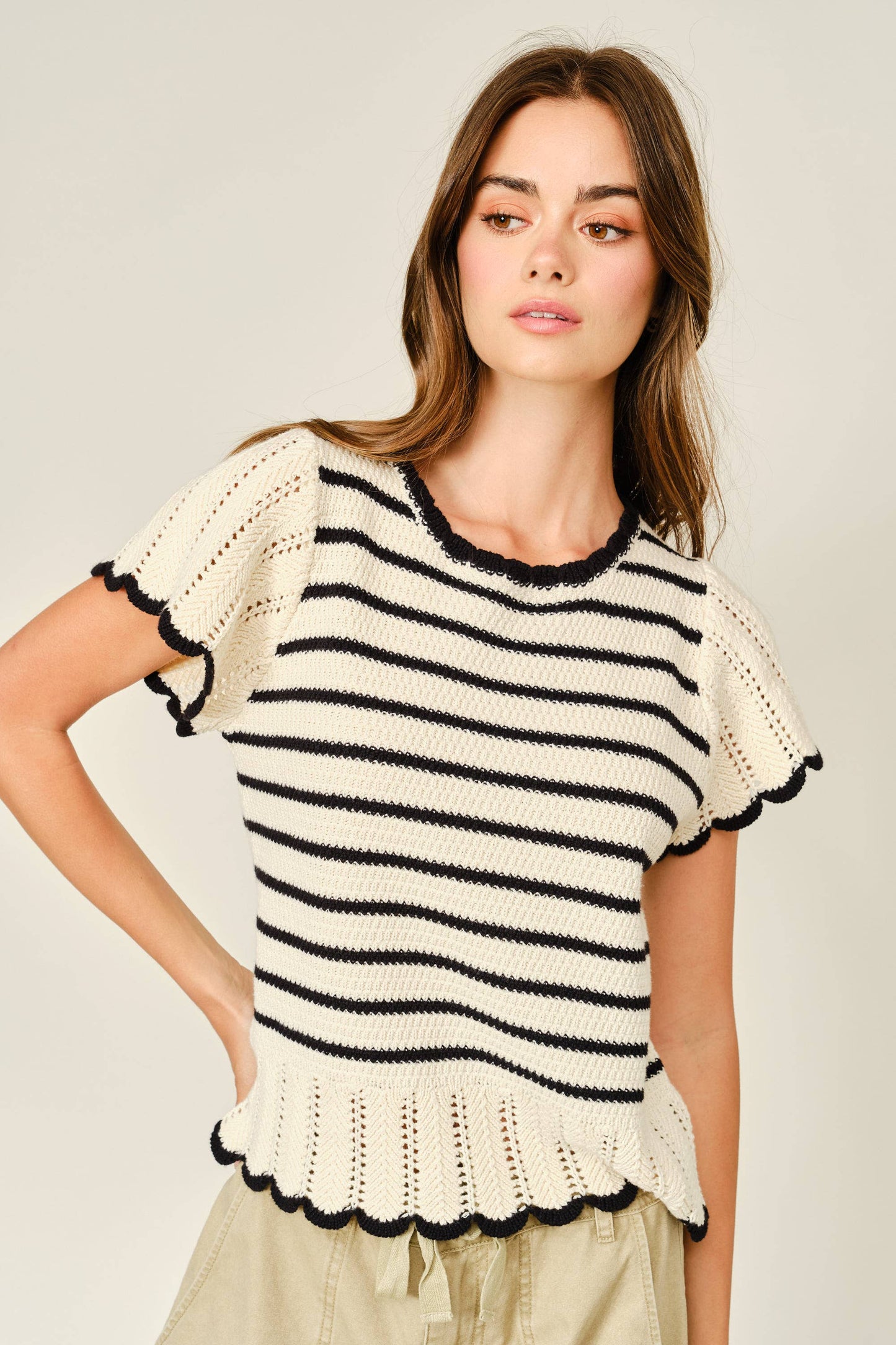 Striped Crochet short sleeved Sweater