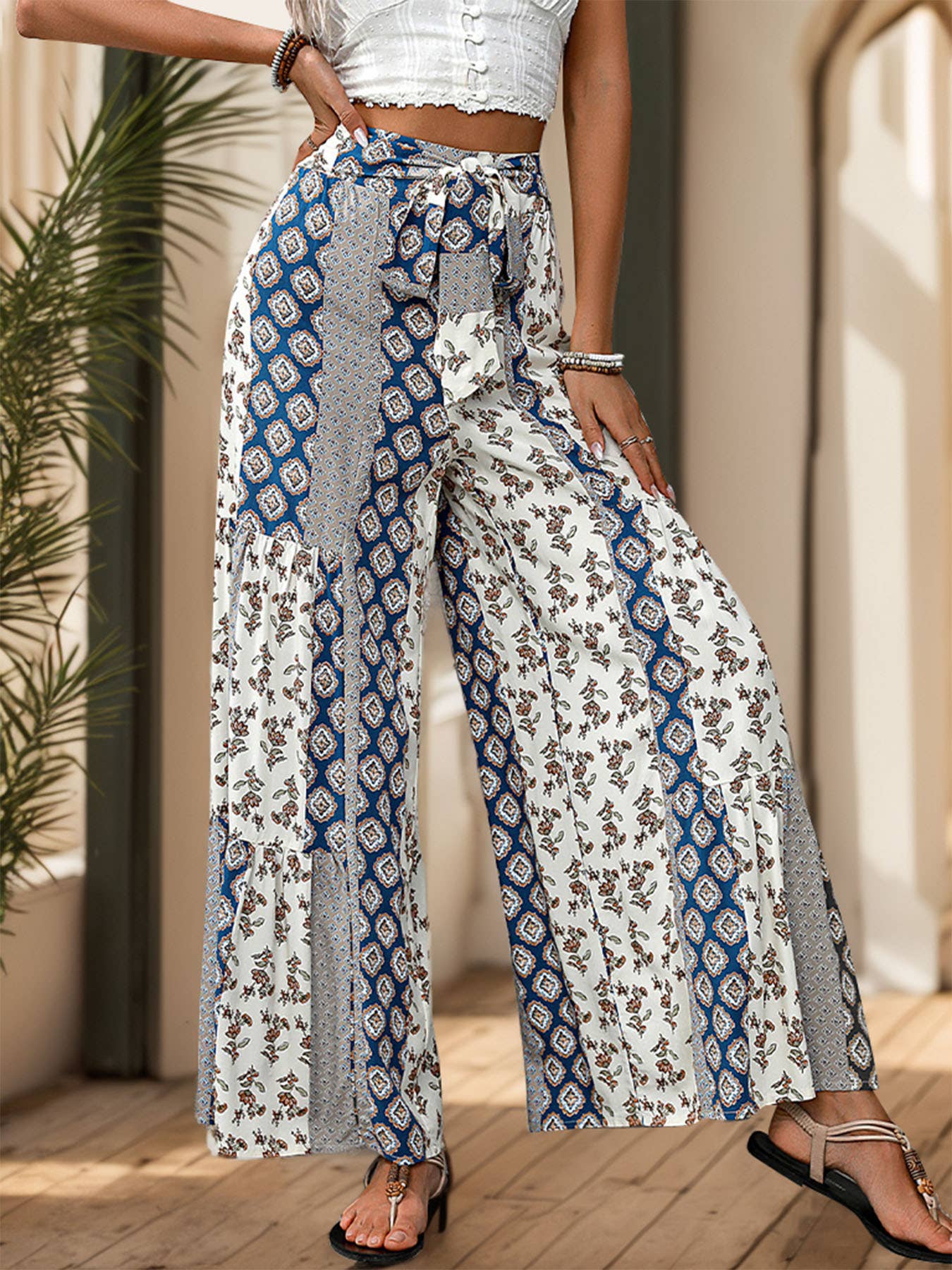 Tie Printed Wide-Leg Pants