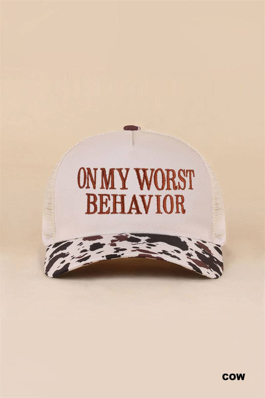 On My Worst Behavior Two Tone Mesh Snapback Hat: COW
