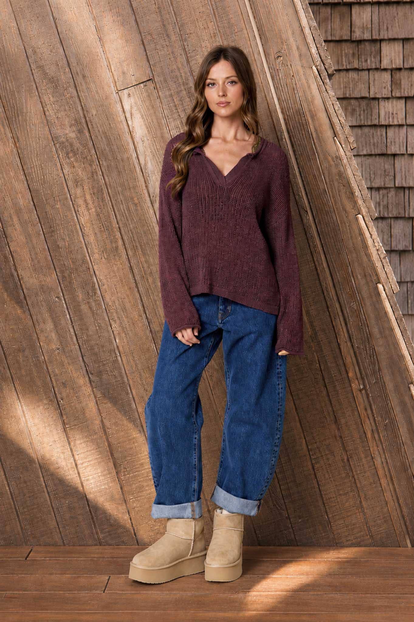 Raw Edge Split Neck Long Sleeve Sheer Knit Sweater