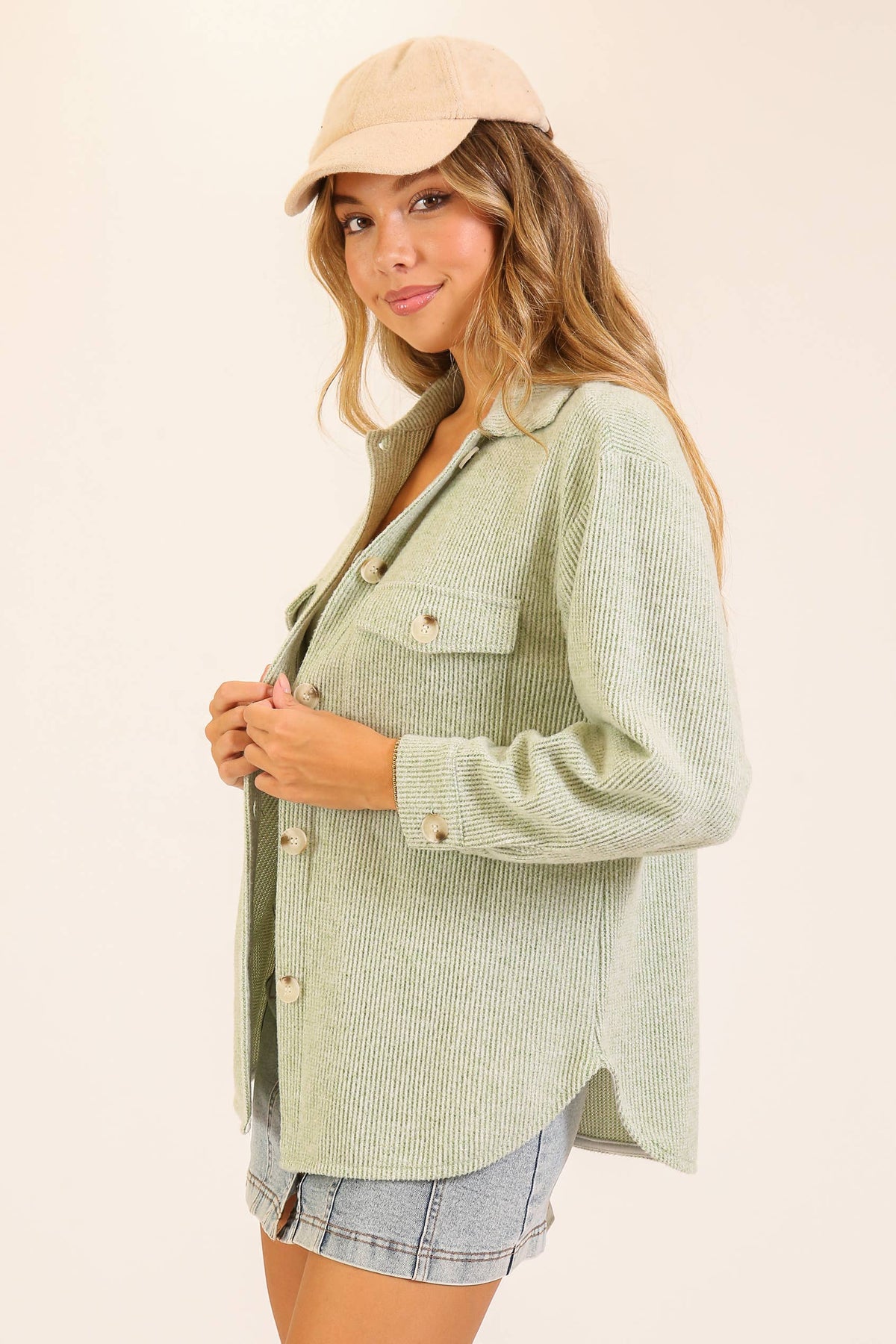 Brushed Waffle Button-Up Shacket: Pink