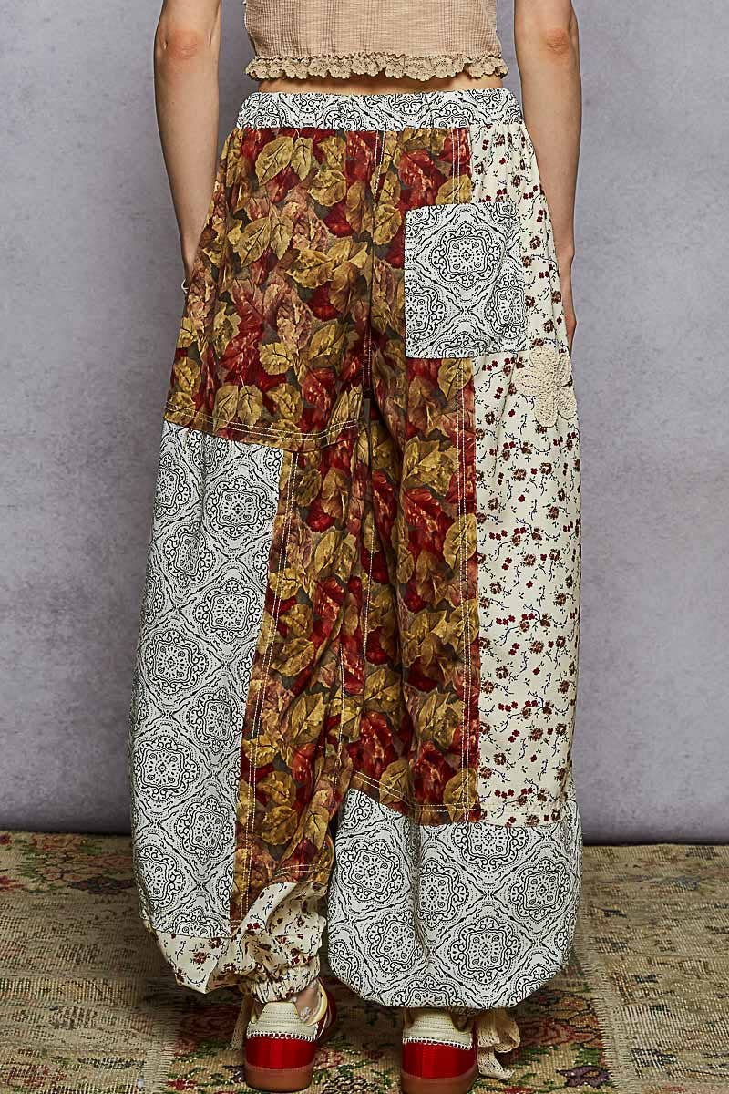 Crochet patch detail contrast patchwork printed woven pants
