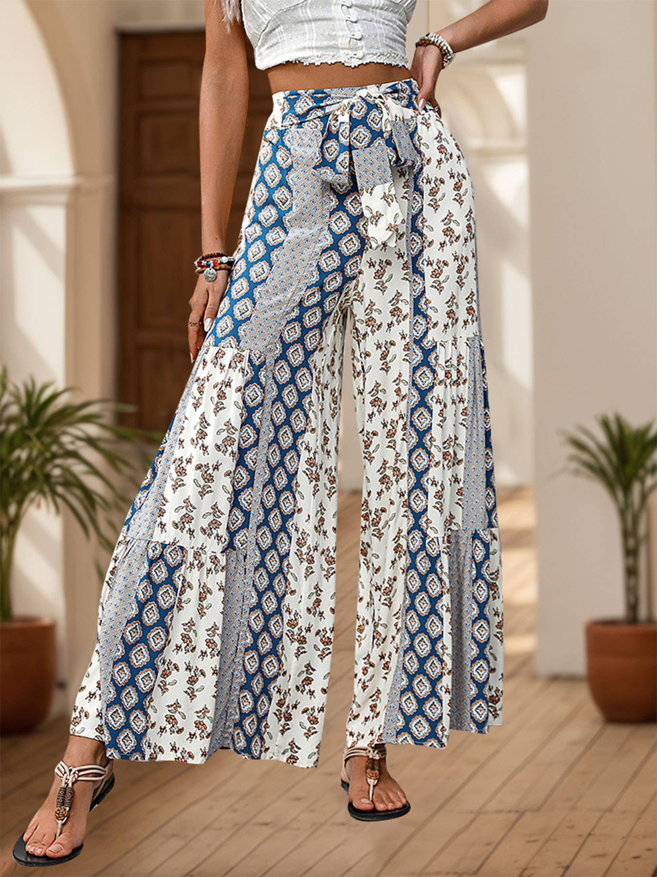 Tie Printed Wide-Leg Pants