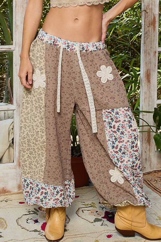 Crochet patch detail contrast patchwork printed woven pants