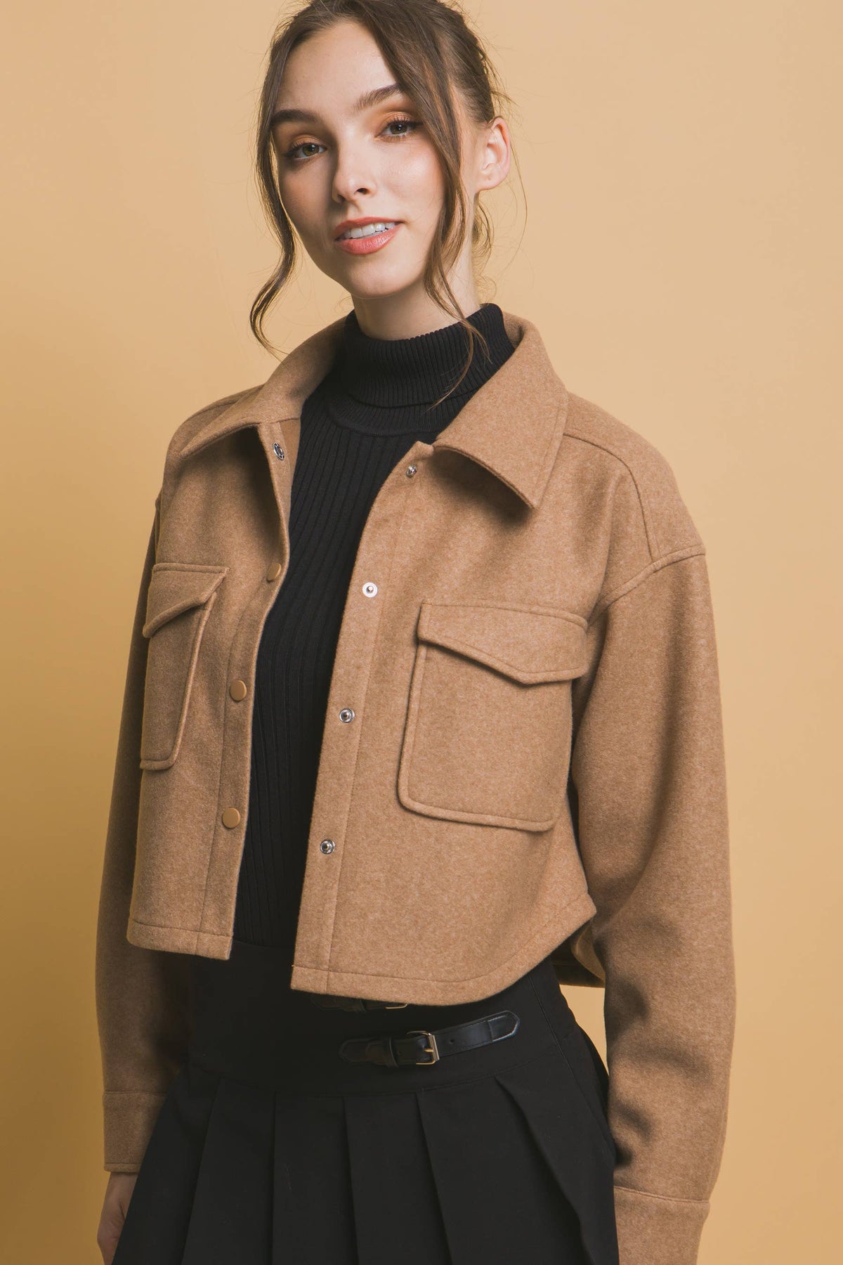 JQ Fleece Cropped Snap-Button Shacket: Wine