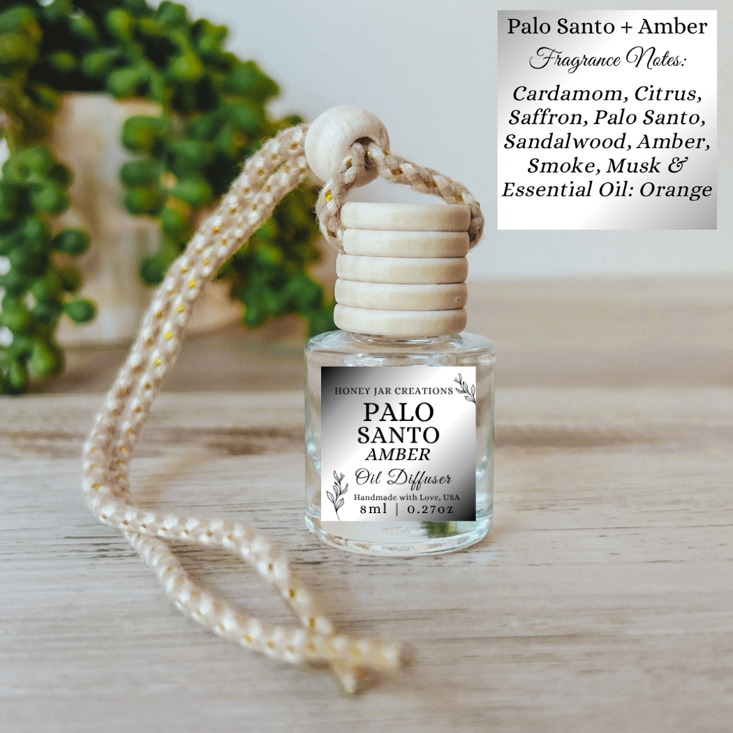 Hanging Car Diffuser | Palo Santo Amber | Made in USA: Round Bottle