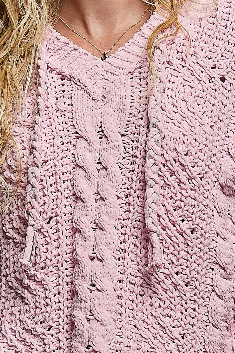 Oversize Fit V-neck Hooded Cable Knit Chenille Sweater