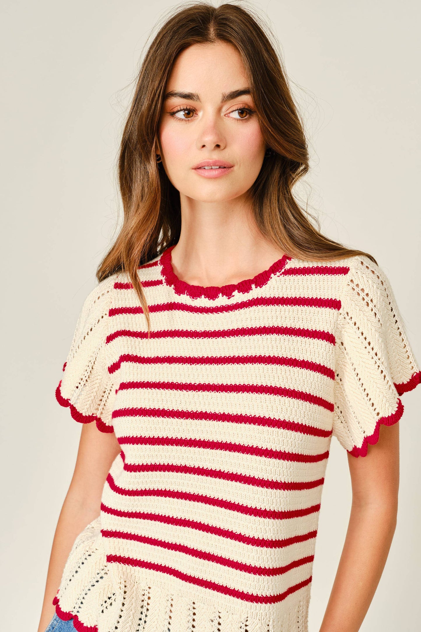 Striped Crochet short sleeved Sweater
